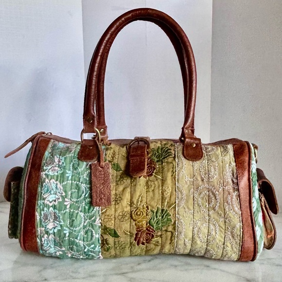 Mo&Co Green Brown Leather Cotton Floral Embroidered Far & Away Bag Sundance 2015 - Picture 1 of 16